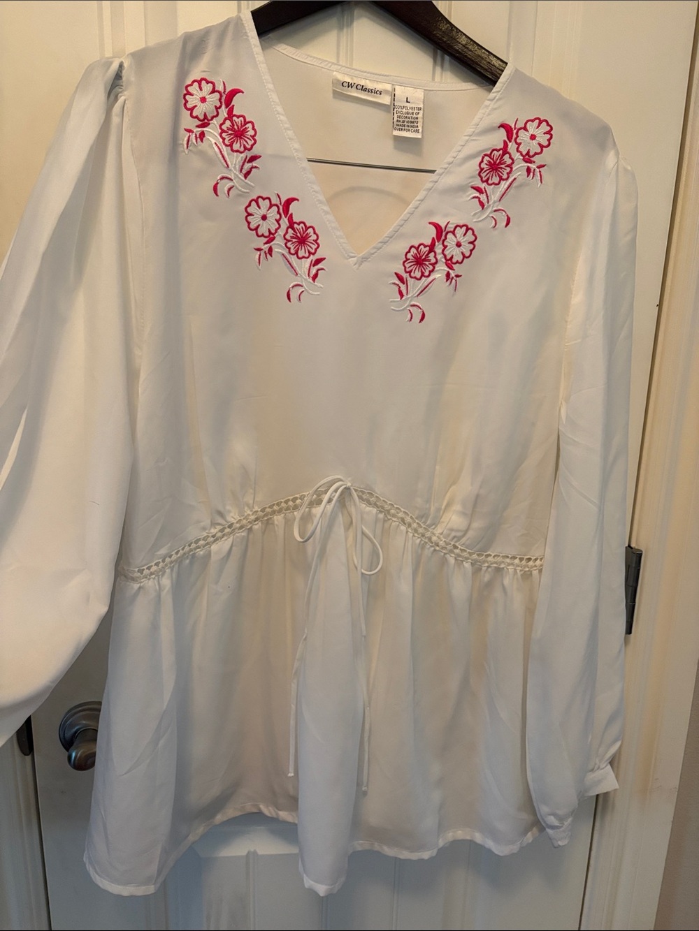 Classic White V-Neck Tunic with Pink Floral Embroidery